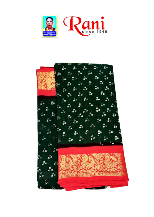 This image name is sungudi 21 . this is handloom sarees product image. this saree contains green color design and orange color peacock design border