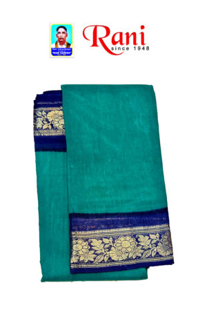 This saree design gree color plain and blue color peacock design border