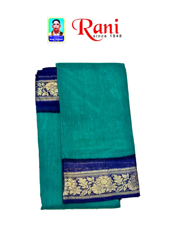 This saree design gree color plain and blue color peacock design border