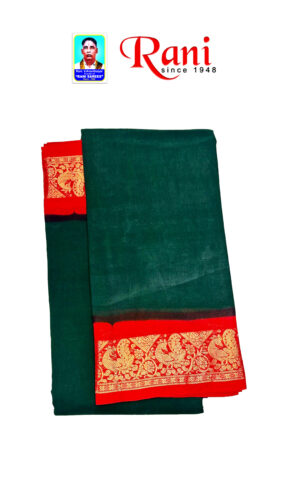 This saree design is red color peacock border and plain green color .