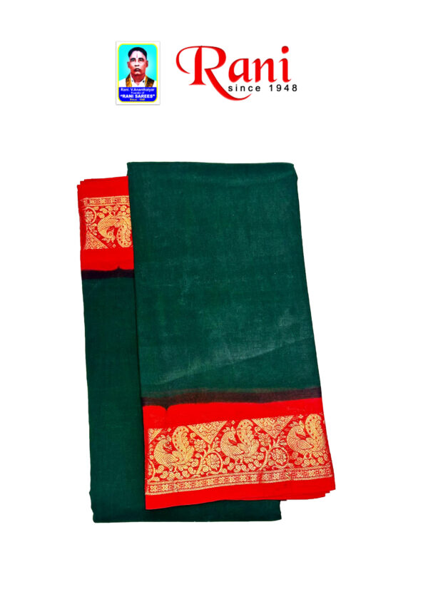 This saree design is red color peacock border and plain green color .